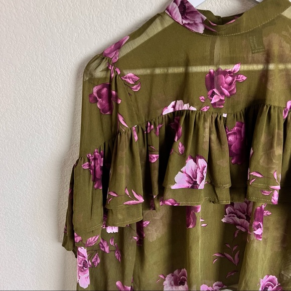Olive Green & Fuchsia Floral Long Sleeve Ruffle Ruched Layered Blouse - Picture 7 of 13